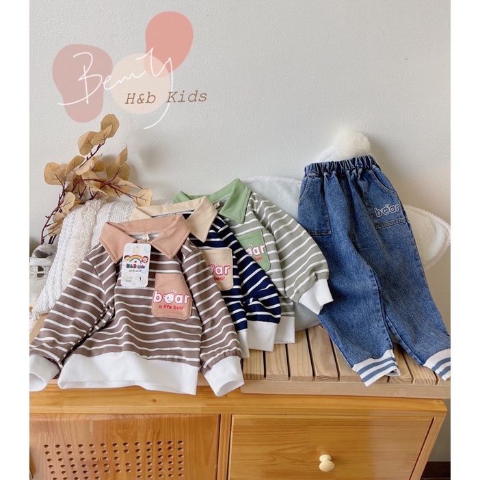 Chất liệu áo da cá tàu hàng đẹp, thiết túi áo ngực cực cute Quần bò dày, phối chun ống, túi thật cho bé từ 10-18kg