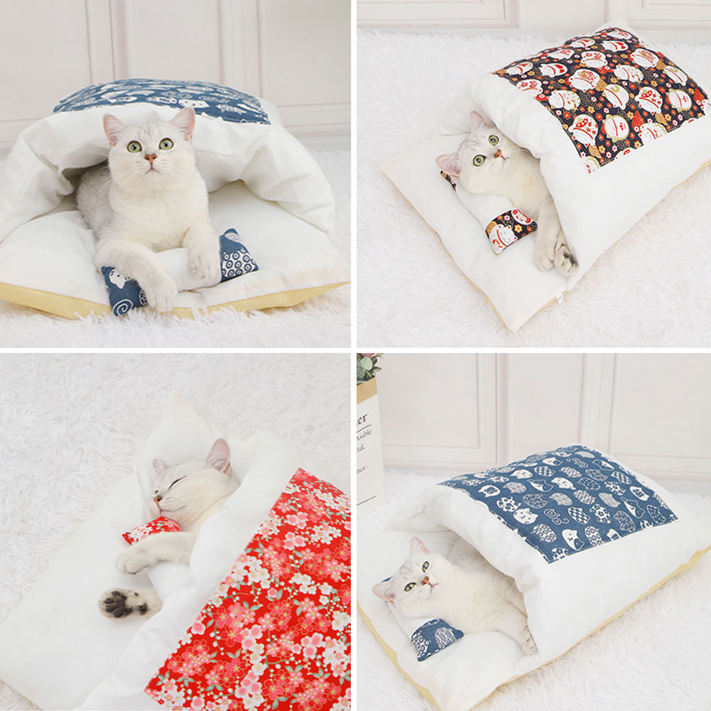 Phong cách Nhật Bản Giường ngủ cho chó mèo Túi ngủ Mùa đông Túi ấm Chăn Mat Nhà mèo có thể tháo rời