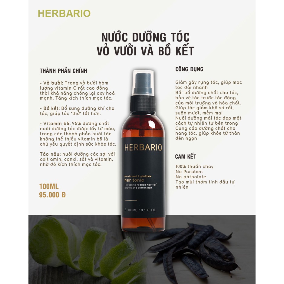 Nước xịt dưỡng tóc vỏ bưởi và bồ kết Herbario 100ml (pomelo peel & gleditsia)