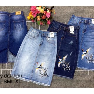 Chân váy jeans dài thêu hạc mới ✨✨✨