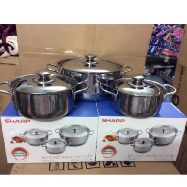 BỘ 3 NỒI SHARP NẮP INOX CAO CẤP - KÍCH THƯỚC 16CM, 20CM VÀ 24CM