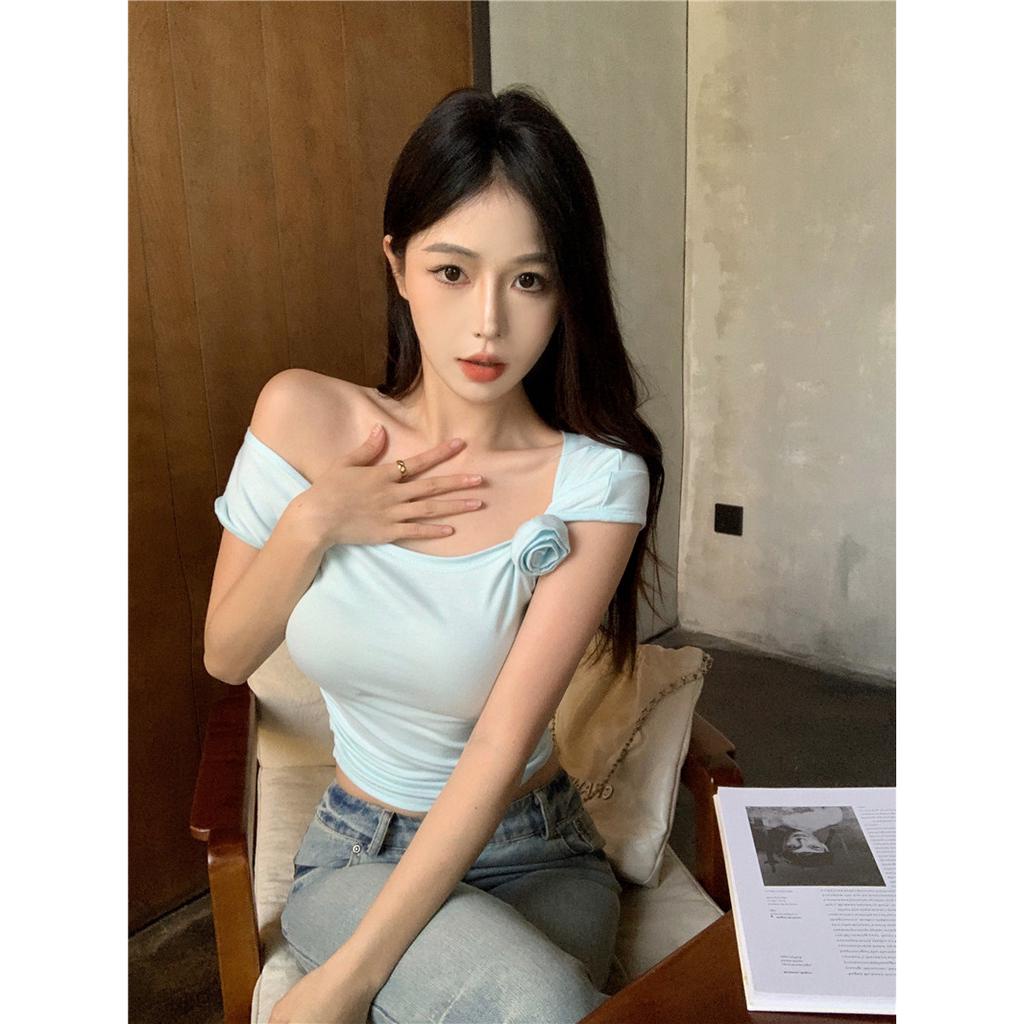 Áo Thun Croptop Dệt Kim Trễ Vai Màu Trơn Dáng Ôm Thời Trang Mùa Hè Xinh Xắn Cho Nữ