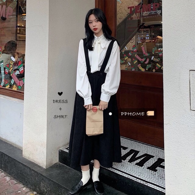 ORDER Set sơ mi & yếm váy dáng dài ullzang