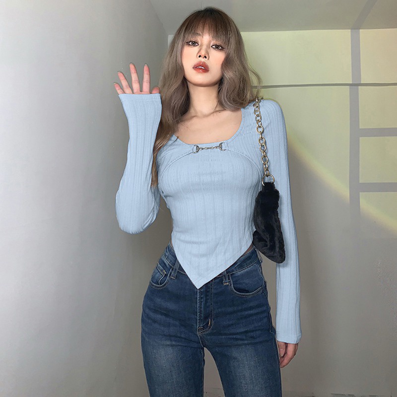 Áo Thun Tay Dài Giả Hai Lớp Màu Trơn Dáng Ôm Phong Cách Thời Trang Hàn Quốc Cho Nữ