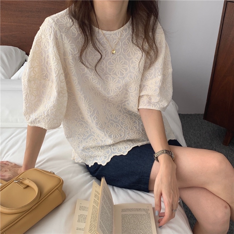 Áo Kiểu Cổ Tròn Tay Phồng Thời Trang Thanh Lịch Phong Cách Hàn Quốc