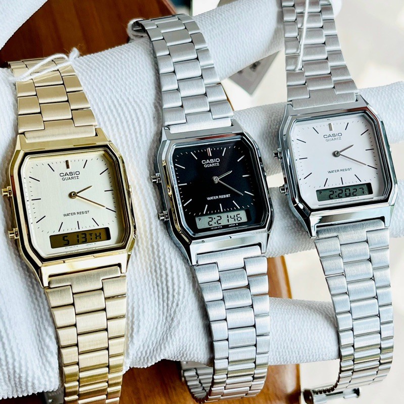 Đồng hồ kim điện tử nam nữ dây thép Casio AQ230 full màu