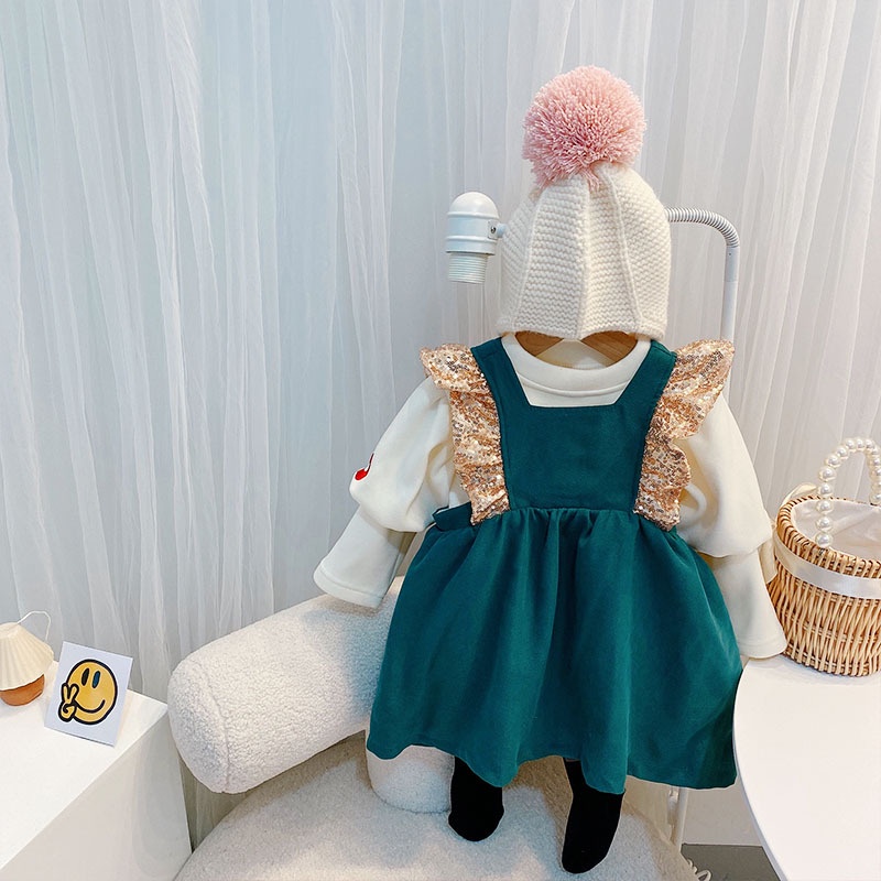 Set 2 món đầm tay phồng đính nơ + áo sơ mi cho bé gái