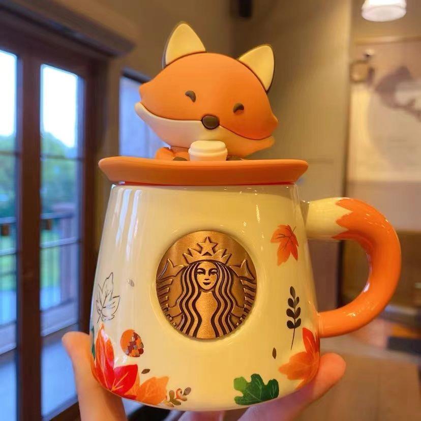 Ly Uống Nước Starbucks Bằng Gốm In Họa Tiết Lá Phong Có Nắp Đậy Làm Quà Tặng Ngày Lễ Tình Nhân Cho Nam Và Nữ