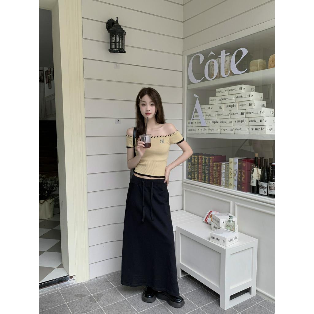 Áo Thun Dệt Kim Trễ Vai Màu Sắc Tương Phản Thời Trang Mùa Hè 64211