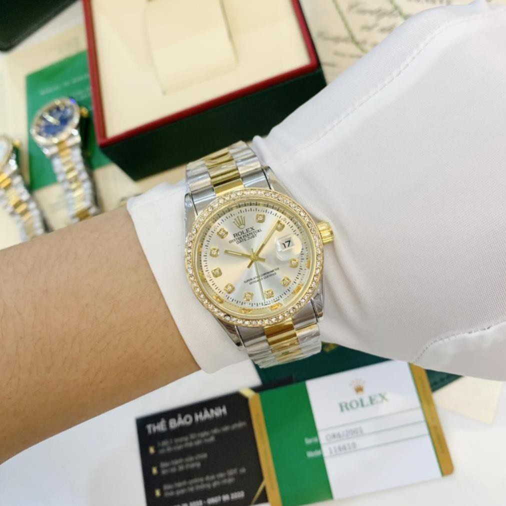 (Thẻ bảo hành 12 tháng) Đồng hồ nam Rolex - viền đá dây kim loại chống nước -rolex.vienda