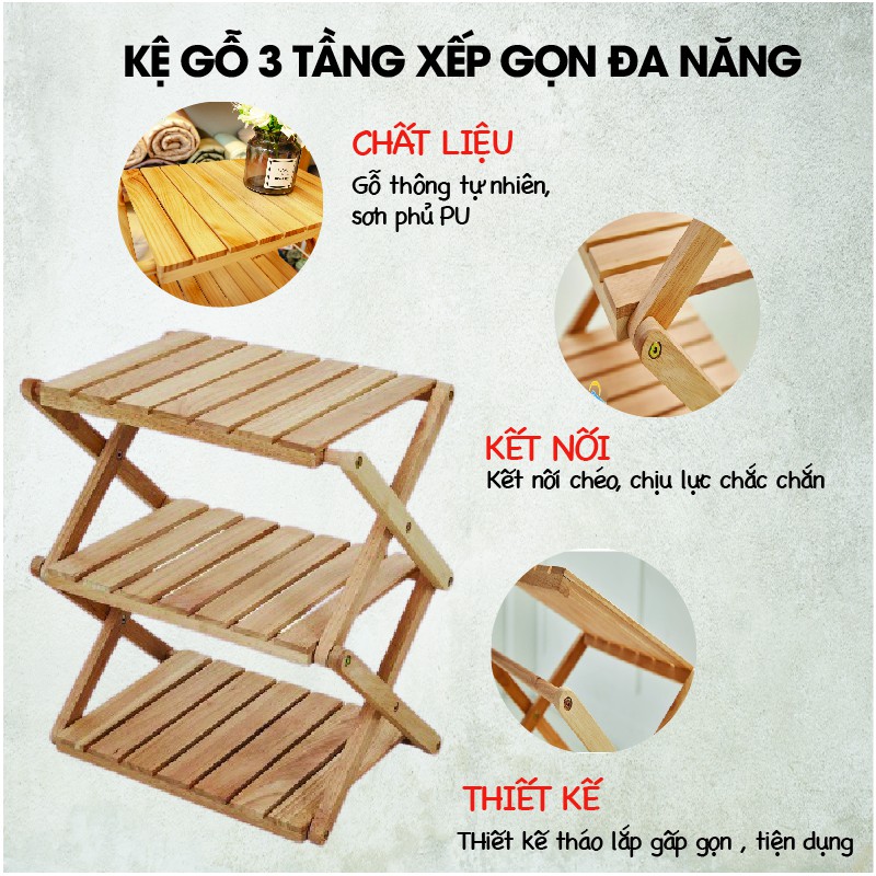 Kệ gỗ thông 3 tầng đa năng thương hiệu Vietcamp có thể xếp gọn (60 x 31 x 63 cm)