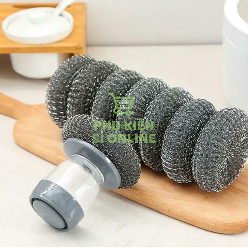 Cọ chà rửa xoong nồi/ chén bát/các vật dụng có cán tay cầm  NGẮN và bình chứa xà phòng tiện dụng
