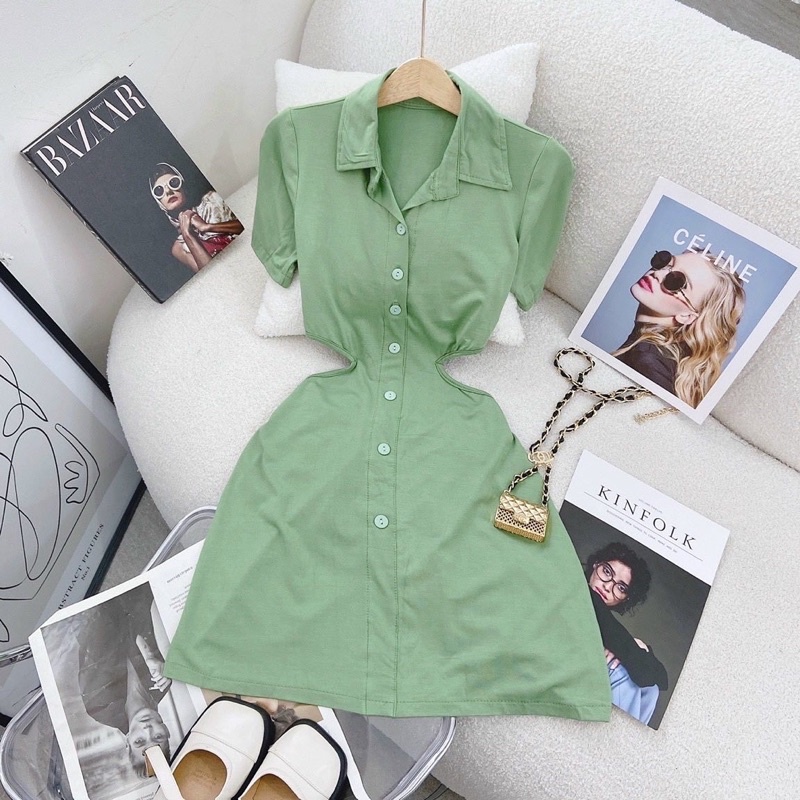 ĐẦM XANH MINT NÚT KHOÉT EO 2 BÊN 🌻