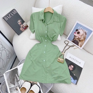 ĐẦM XANH MINT NÚT KHOÉT EO 2 BÊN 🌻