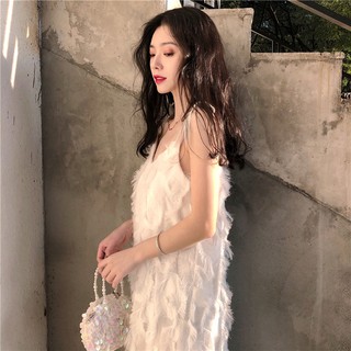 [ORDER] Đầm lông ngỗng hai dây vạt lệch - u.w
