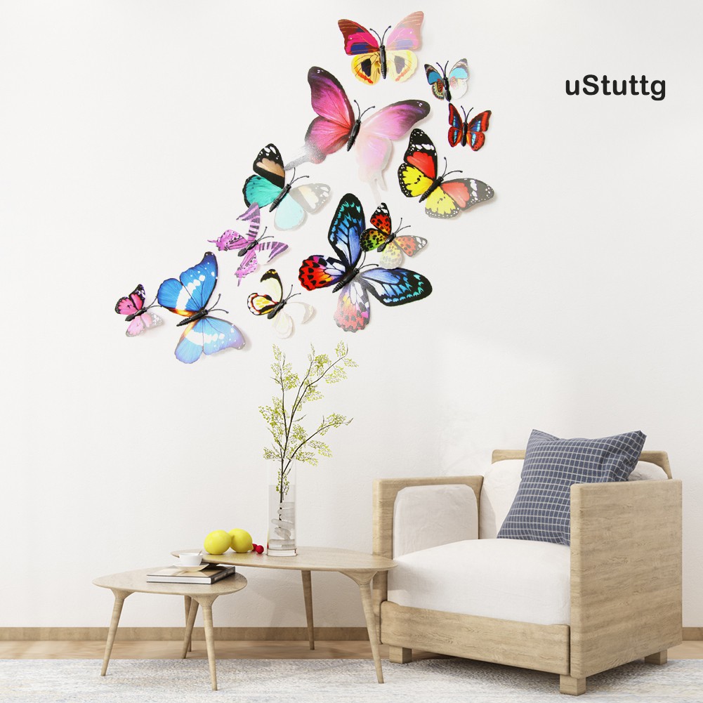 *U 12Pcs 3D PVC Butterfly Art Wall Stickers with Pin Decoration Home Room Decors