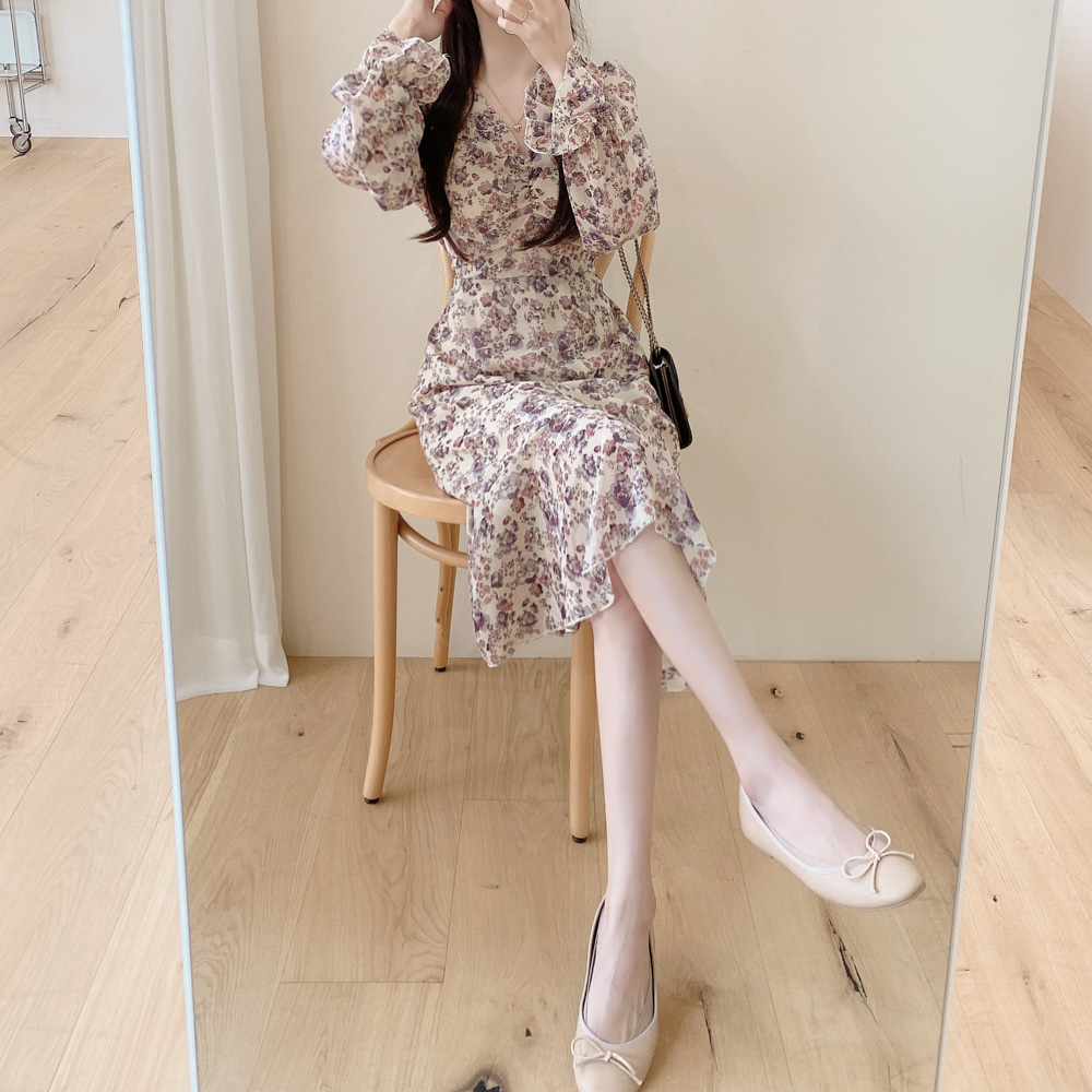 Đầm SUXI dài tay cổ chữ V thời trang Hàn Quốc dành cho nữ