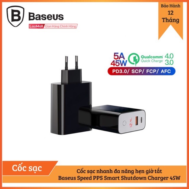 Củ sạc nhanh Baseus 45W QC4.0 + PD3.0 cổng Usb + PD hẹn giờ tự ngắt , Bảo hành 12 tháng