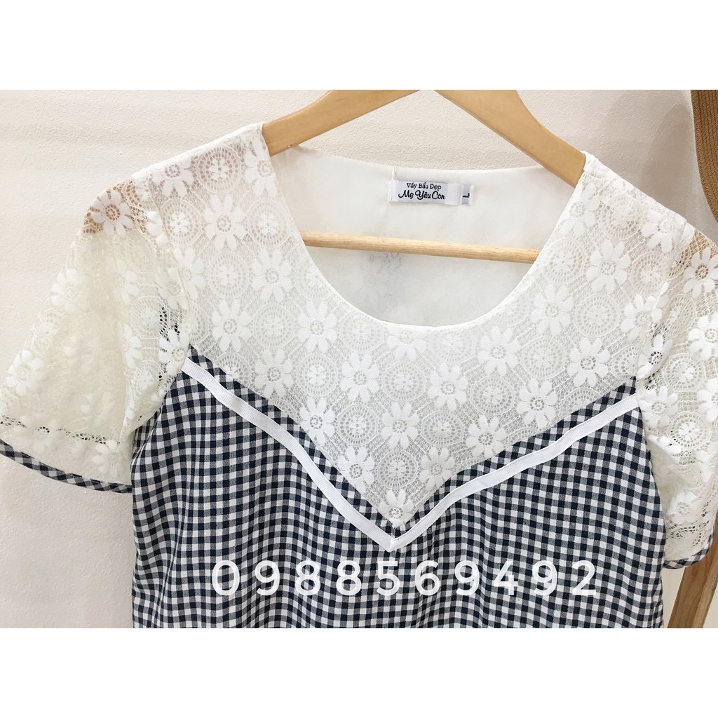 Váy Bầu Công Sở, Đầm Bầu  Kẻ Caro Phối Ren Nổi MYC 1139