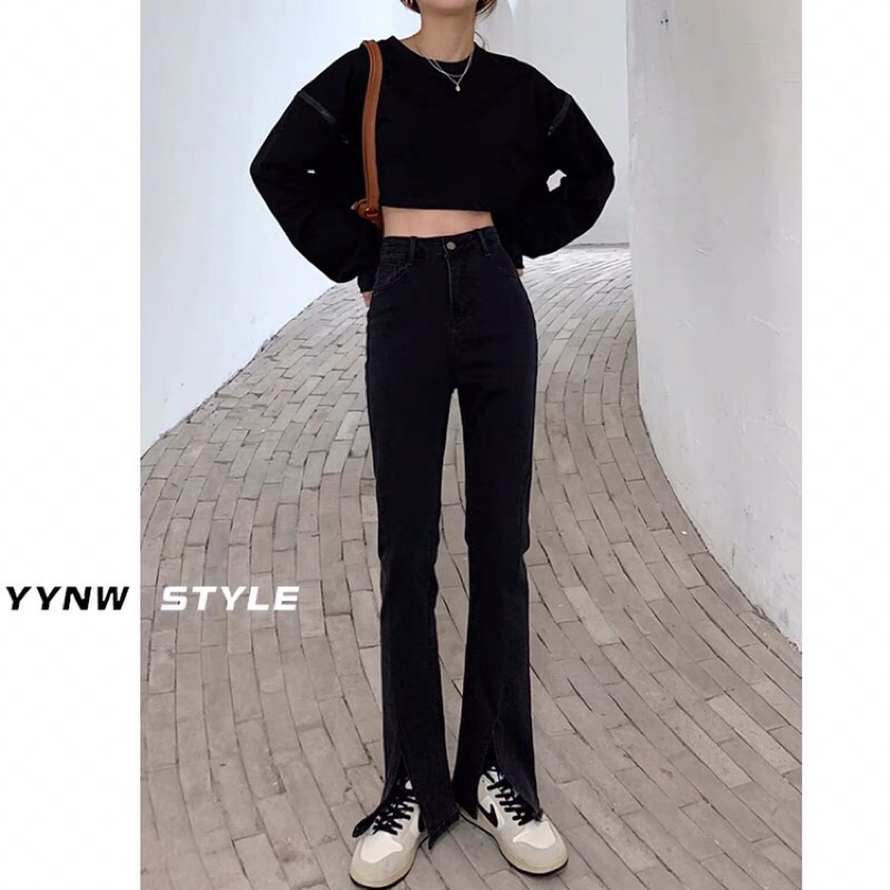 Quần jeans bò ống đứng cạp cao co dãn loe xẻ gấu phong cách Hàn Quốc