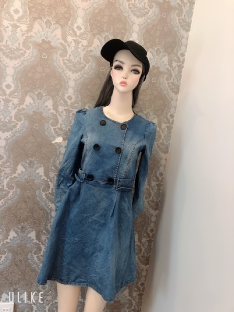 Đầm jean tay dài dáng xoè