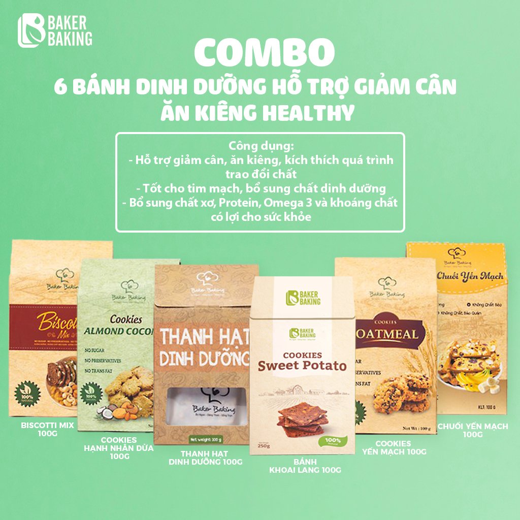 Combo 6 hộp Bánh Baker Baking Thanh hạt dinh dưỡng, Chuối Yến Mạch, Cookies Yến mạch, Cookies nhân dừa, Bisscotti Mix, K