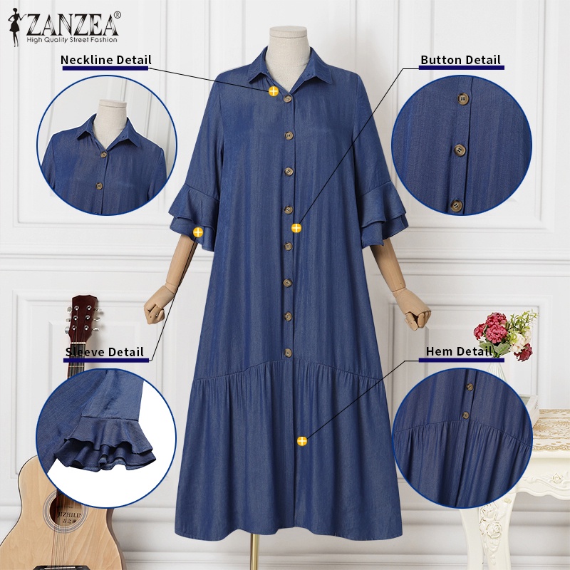 Đầm denim ZANZEA tay dài 3/4 có túi thời trang cho nữ