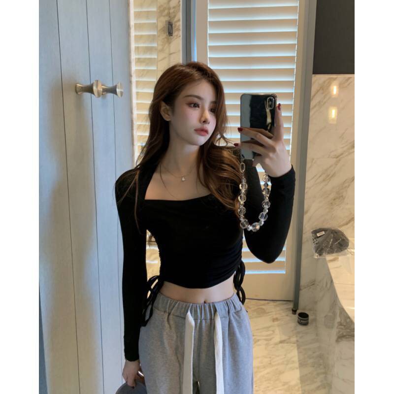 Áo Thun Dài Tay cổ vuông dây rút bên hông, Áo thun nữ tay dài dây rút body style Korea cổ lọ basic A771