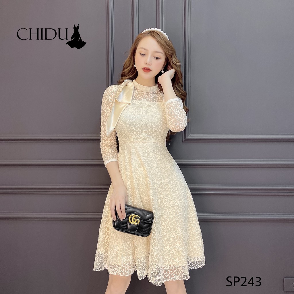 CHIDU Đầm ren dài tay, đầm ren cổ nơ trẻ trung sang trọng SP243