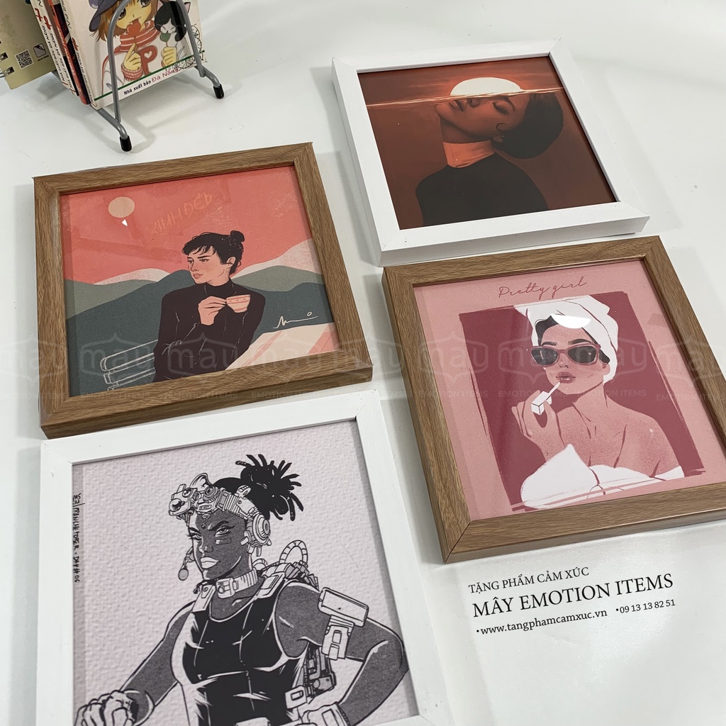 Tranh decor 20*20cm khung gỗ kính để bàn treo tường