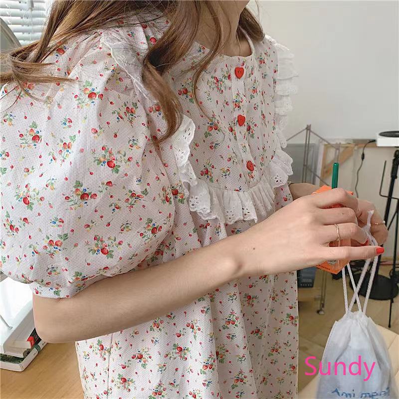 Đồ Ngủ Tay Ngắn In Hoa Kiểu Hàn Quốc Thời Trang Mùa Hè Cho Nữ