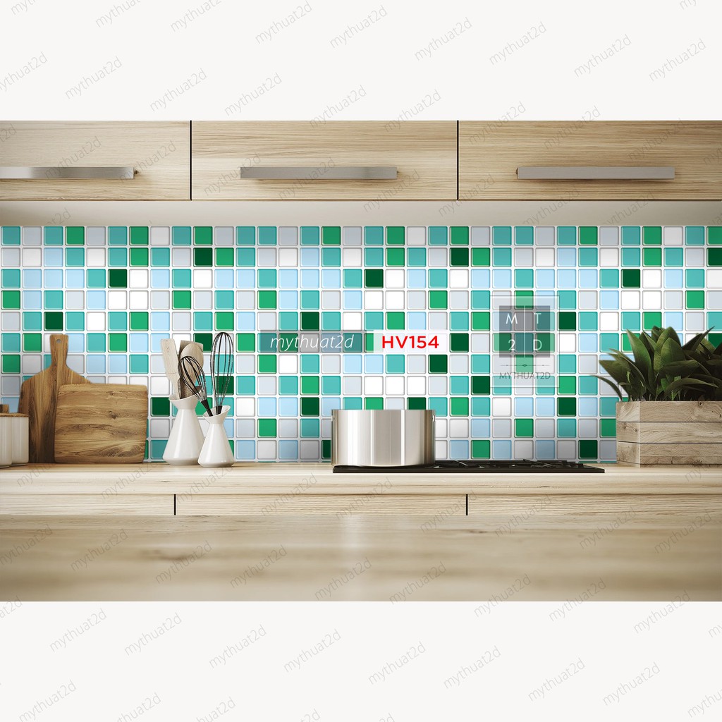 Cuộn 2 mét dài Decal gạch bông Mosaic màu xanh dán bếp dán tường, nhà tắm_kt 200x60cm