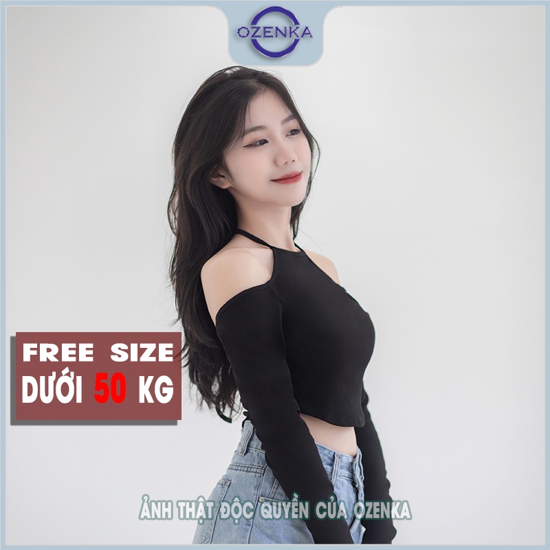 Áo croptop tay dài ôm hở vai vạt yếm nữ OZENKA , crt body kiểu buộc dây thun gân 100% cotton mềm mịn mát gợi cảm