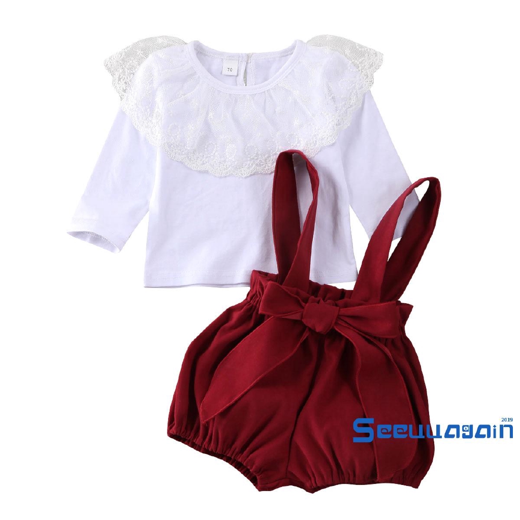 Set áo dài tay phối lưới + quần đùi yếm xinh xắn cho bé gái từ 0-24 tháng tuổi