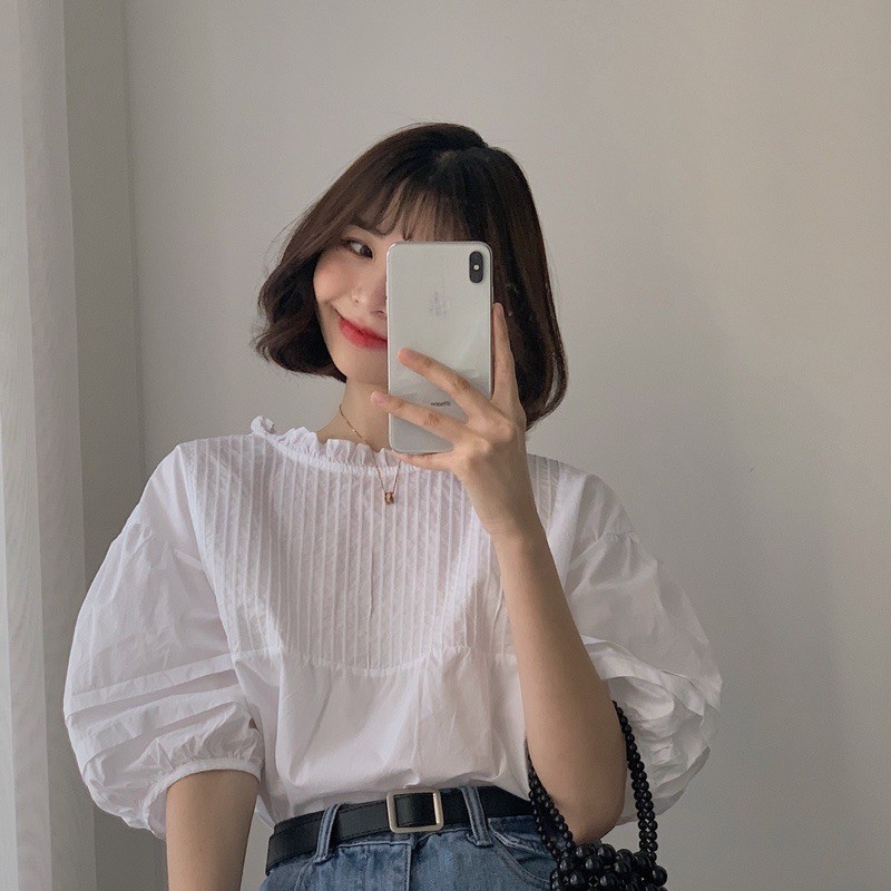 [Ảnh thật/Sẵn]Áo sơmi thô xếp li ngực cổ ren lỗ tay lỡ