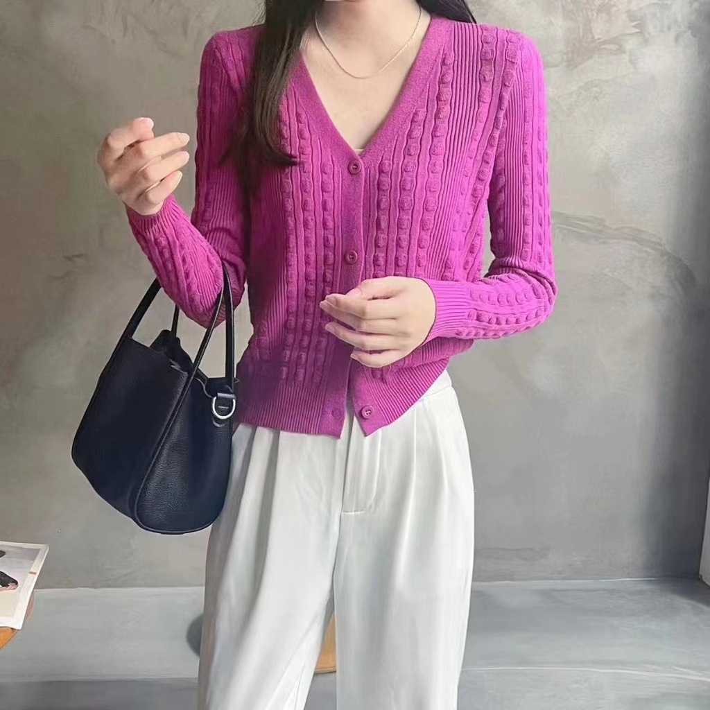 Áo khoác cardigan ZHELIHANGFEI vải dệt kim tay dài dáng rộng cổ chữ V dễ phối đồ