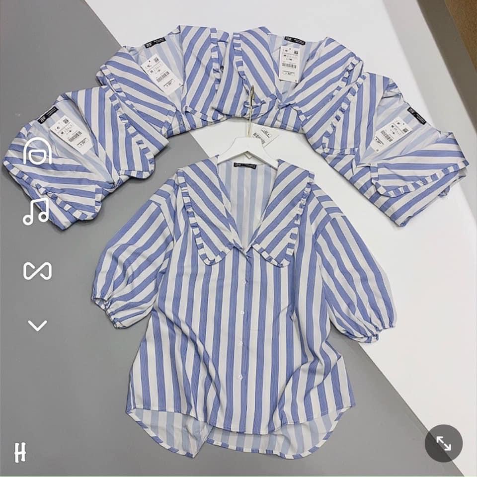 Áo Sơ Mi Nữ Sọc Xanh Cổ Bèo Chất Thô Đũi Cực Xinh | BigBuy360 - bigbuy360.vn