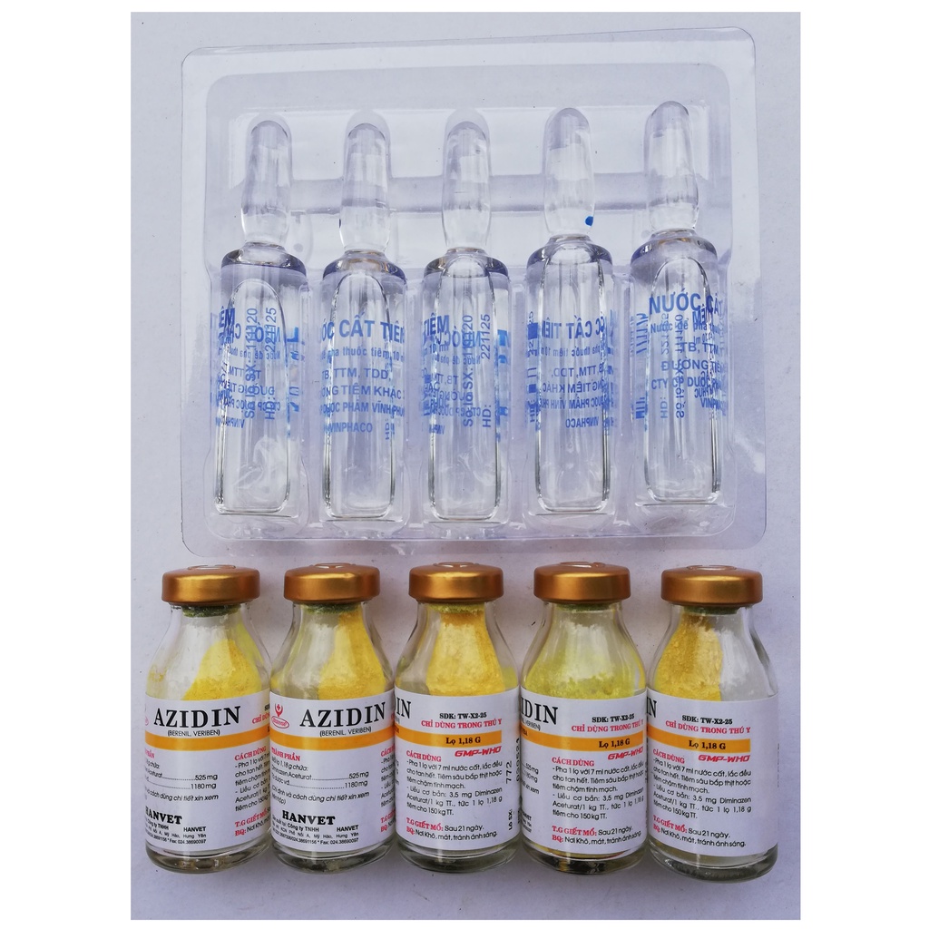 5 lọ Azidin 1,18g và 4 ống nước cất 10ml Dùng cho trâu, bò, ngựa, chó, mèo