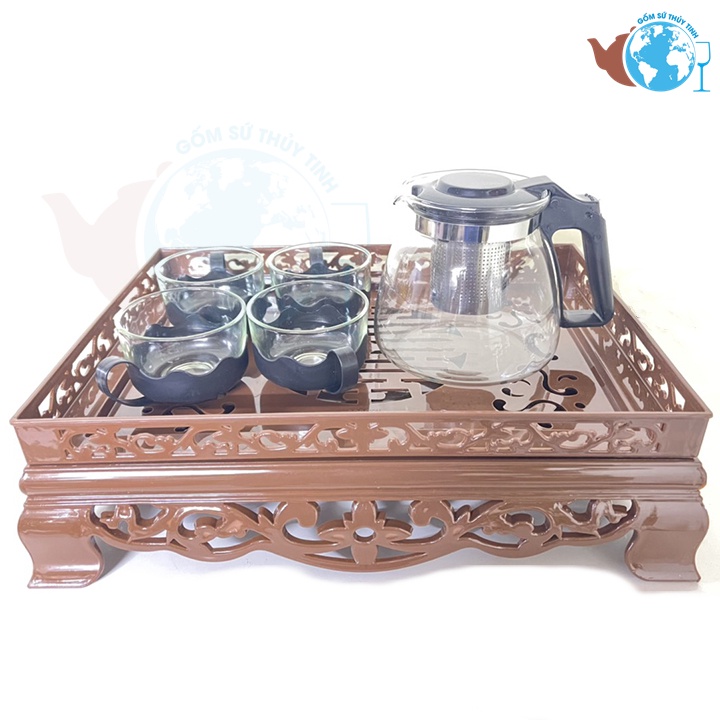 Khay Trà Nhựa Giả Gỗ Chữ Nhật Hoa Văn Cổ Điển Cao Cấp-Kích Thước Lớn