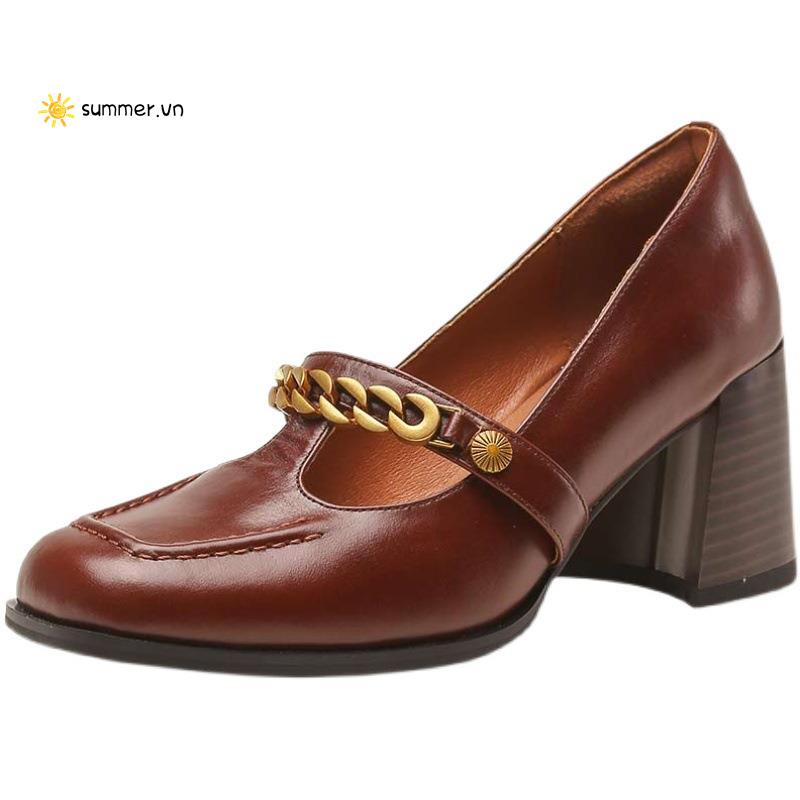 Giày Cao Gót Mũi Vuông Phối Dây Xích Thời Trang Xuân Thu Phong Cách Pháp Hàng Mới 2022