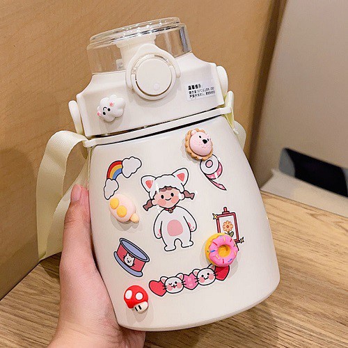 Bình nước giữ nhiệt 800Ml, có ống hút, tặng Sticker dán ngộ nghĩnh