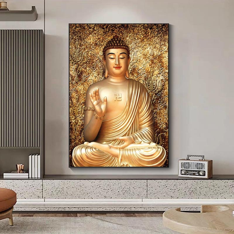 Tranh Vải Bạt Treo Tường In Hình Tượng Phật Giclee Màu Sắc Vàng Đồng Không Kèm Khung