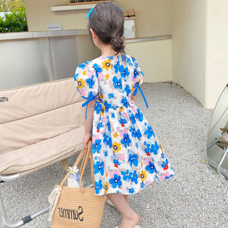 Đầm Công Chúa Cổ Tròn In Hoa Màu Xanh Dương Ngọt Ngào Toàn Diện Cho Bé Gái