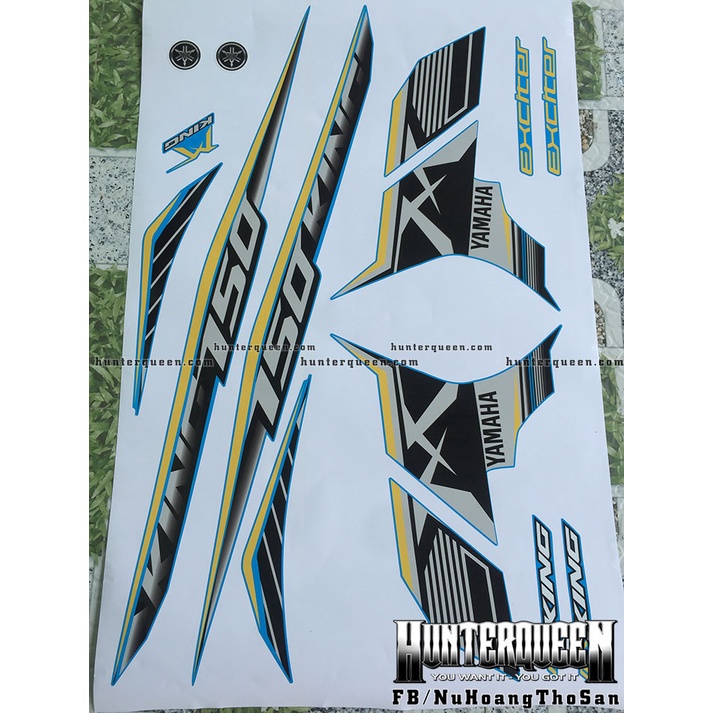 Tem rời dán xe Exciter 150 màu xanh, phối màu bạc đen vàng. Decal cao cấp không bay màu