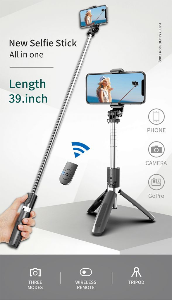 Gậy chụp hình tự sướng selfie có bluetooth điều khiển remote kiêm tripod 3 chân có giá kẹp điện thoại xoay 360 độ Gậy Tự Sướng L02 Kết Nối Bluetooth Điều Khiển Từ Xa BEST