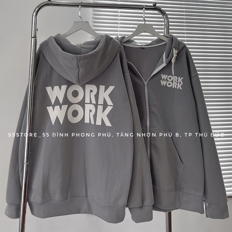 Áo khoác nỉ bông WORK màu xám form rộng unisex nam nữ