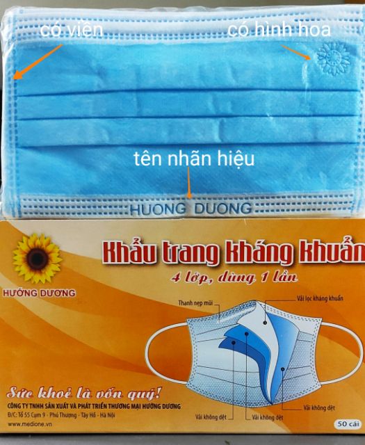 Khẩu trang kháng khuẩn 4 lớp Hướng Dương hộp 50 cái
