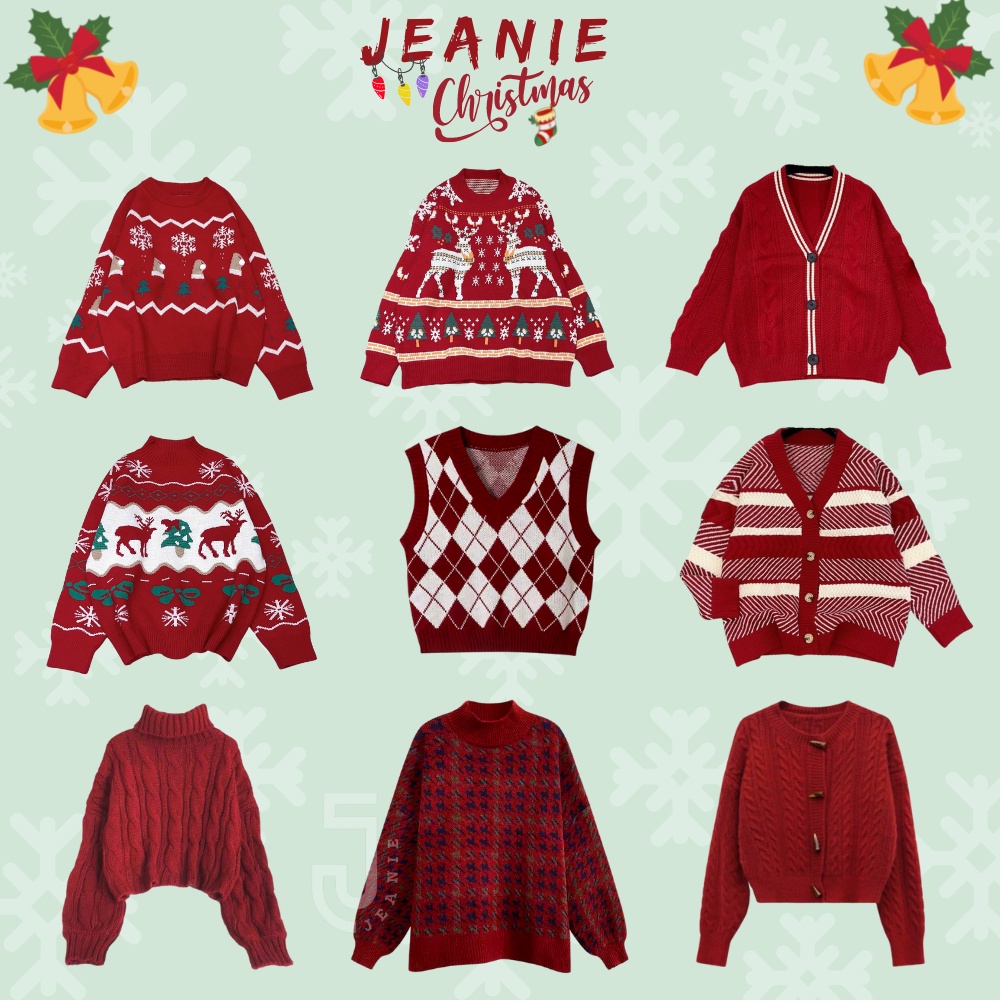 Áo len nữ JEANIE BST noel, áo croptop cổ lọ màu đỏ, khoác cardigan form rộng - Hàng nhập khẩu