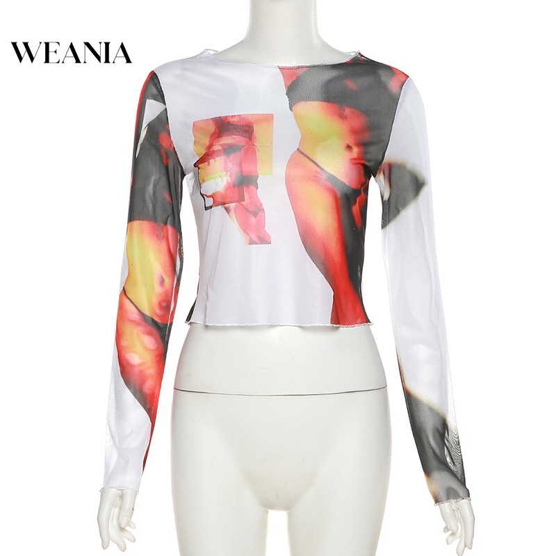 Áo Croptop Tay Dài Xuyên Thấu Hoạ Tiết In Thiết Kế Quyến Rũ