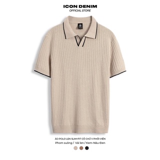 Áo polo nam icon denim chất len dáng slim-fit cổ chữ v phối viền pl021044
